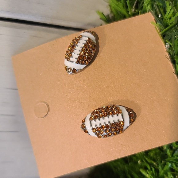 Football NFL sport theme stud earrings - brown rhinestone white enamel NWT - Picture 4 of 9